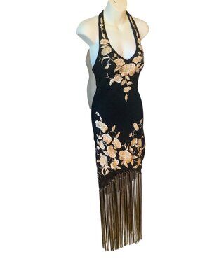 Black Corset Style Halter Maxi Dress With Gold Floral Embroidery & Fringe Hemlin